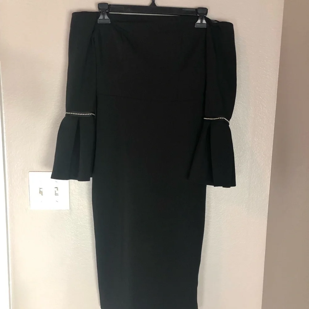 Alexis Black Trumpet Sleeve Strapless Amelie Midi Dress XS